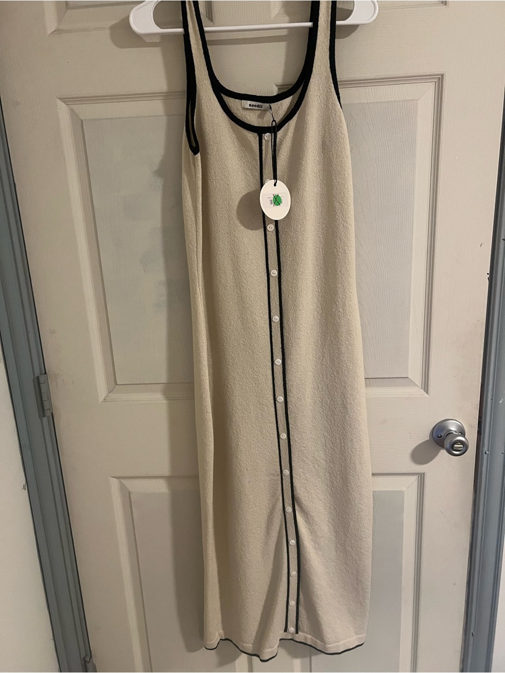 NWT Women’s Sz L Knit Dress Sleeveless Cream Button-Front Knit Dress Black Trim